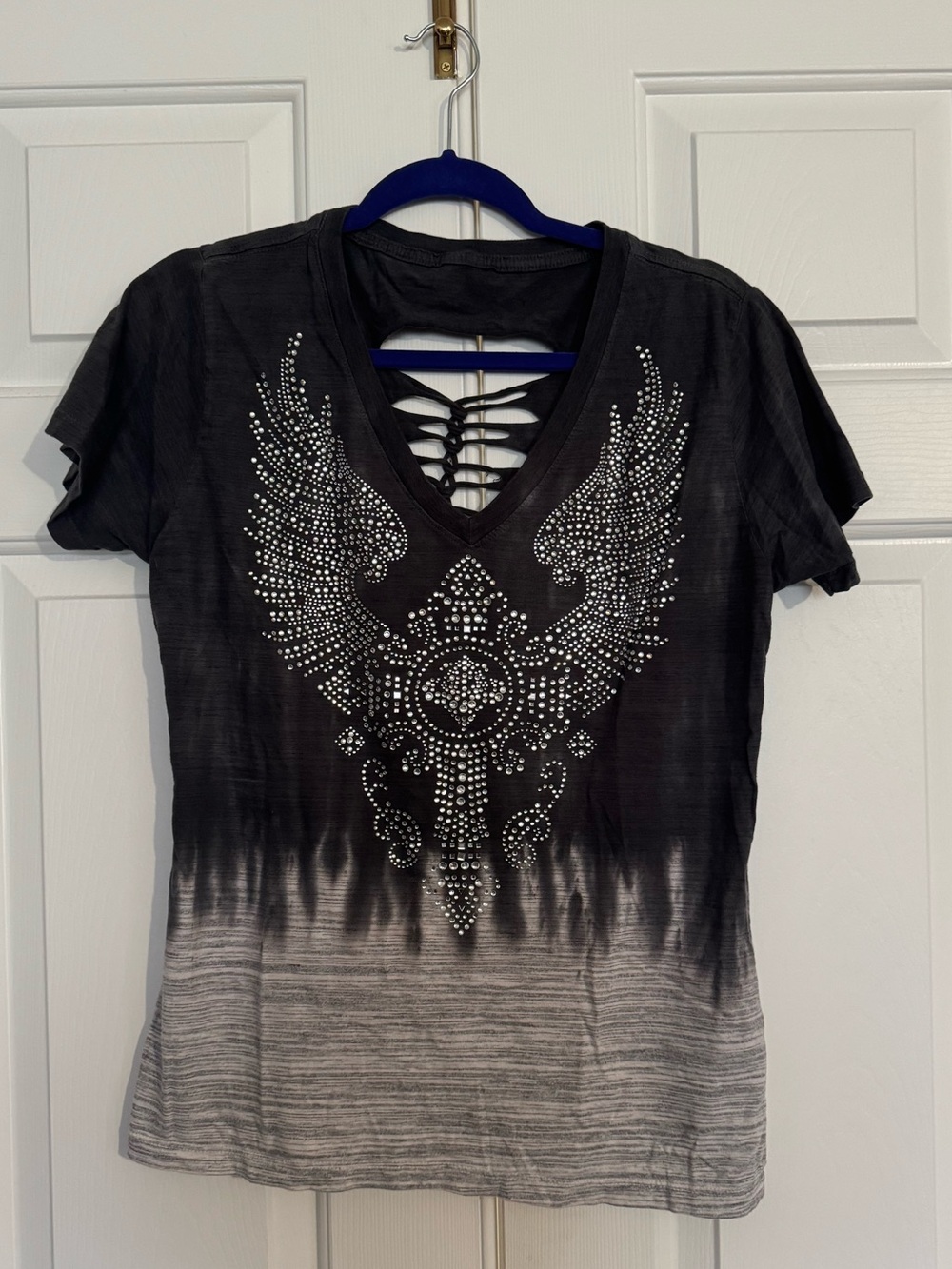 Studded Ombre Lace-Up V-Neck Women's Top - Gray